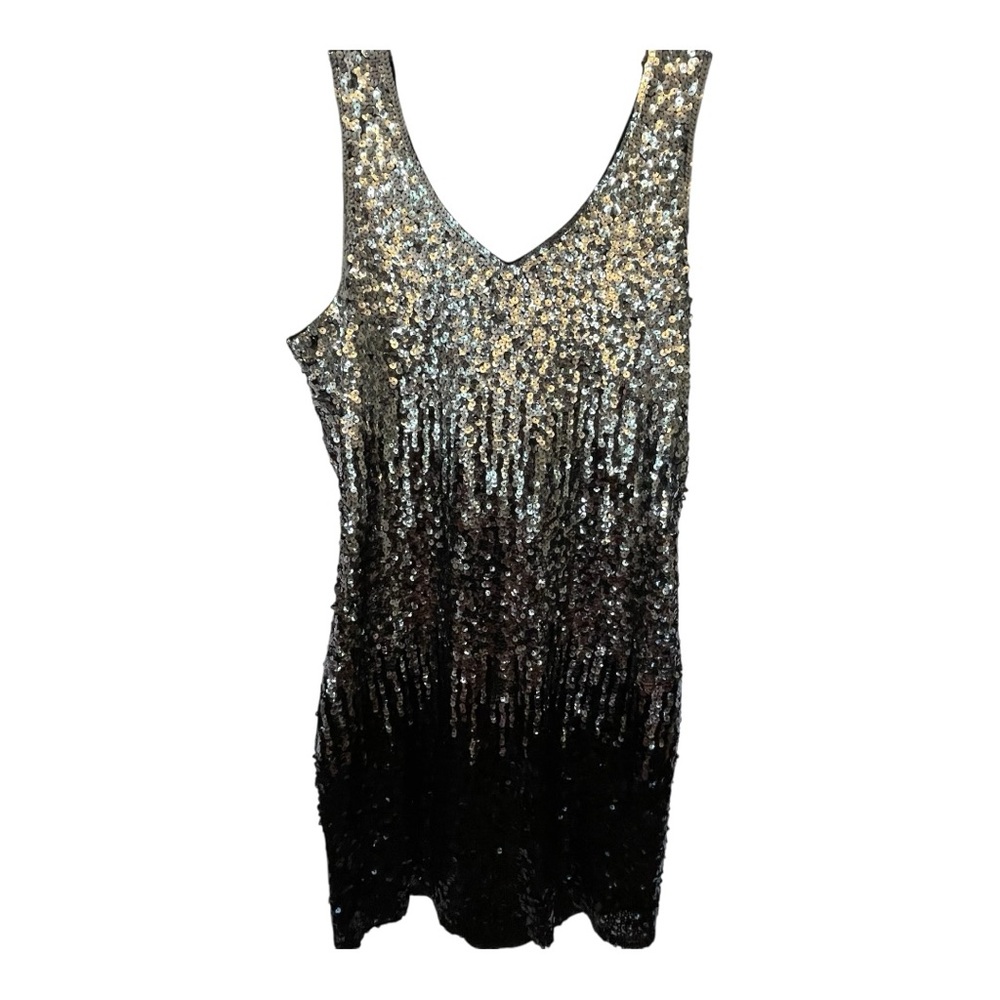 Silver and Black Sequin V-Neck Cocktail Mini Dress - Picture 3 of 5